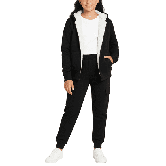 Real Love Girls Jogger Set - 2 Piece Fully Sherpa Lined Fleece Zip Up Hoodie and Cargo Jogger Pants (5-16)