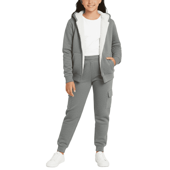 Real Love Girls Jogger Set Fully Sherpa Lined Fleece Zip Up Hoodie and Cargo Jogger Pants 2 Piece