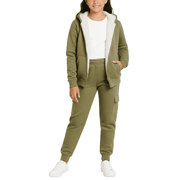Real Love Girls Jogger Set Fully Sherpa Lined Fleece Zip Up Hoodie and Cargo Jogger Pants 2 Piece