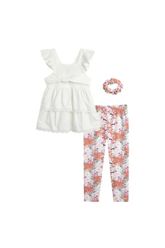 Girls' Leggings Set - 2 Piece Ruffle Knit Blouse Top and Leggings with Scrunchie (2T-6X)