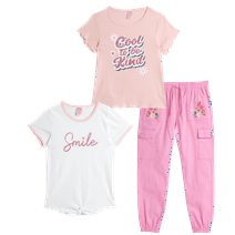 Real Love Girls' Pants Set - 3 Piece Cute T-Shirt and Embroidered Cargo Jogger Pants (7-16)