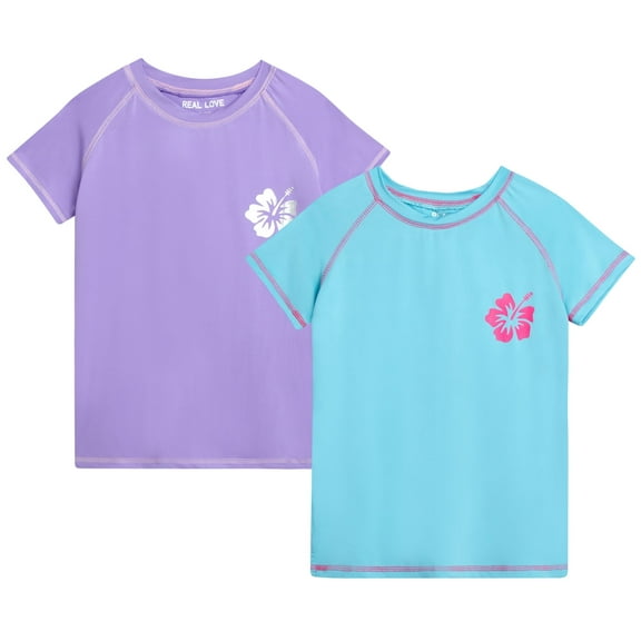 Real Love Girls' Rash Guard Shirt - 2 Pack Quick Dry Short Sleeve Swim Shirts (Sizes: 2T-16)