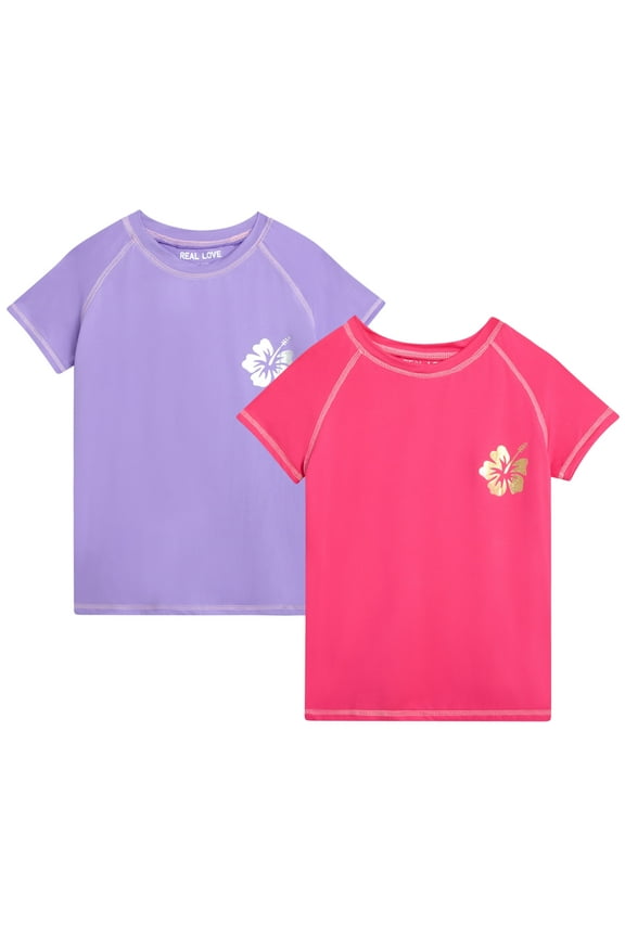 Girls' Rash Guard Shirt - 2 Pack Quick Dry Short Sleeve Swim Shirts (Sizes: 2T-16)