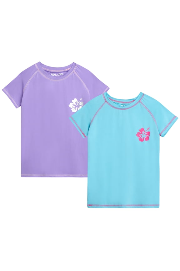 Girls' Rash Guard Shirt - 2 Pack Quick Dry Short Sleeve Swim Shirts (Sizes: 2T-16)