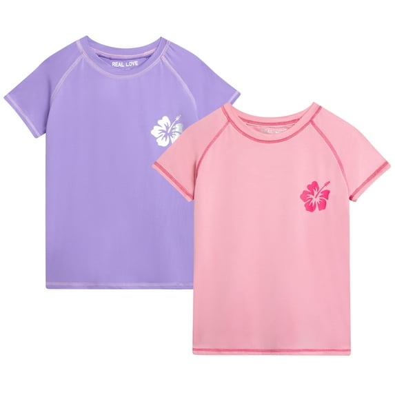 Real Love Girls' Rash Guard Shirt - 2 Pack Quick Dry Short Sleeve Swim Shirts (Sizes: 2T-16)