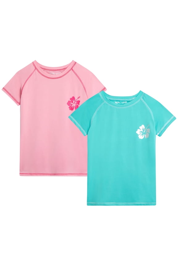 Girls' Rash Guard Shirt - 2 Pack Quick Dry Short Sleeve Swim Shirts (Sizes: 2T-16)