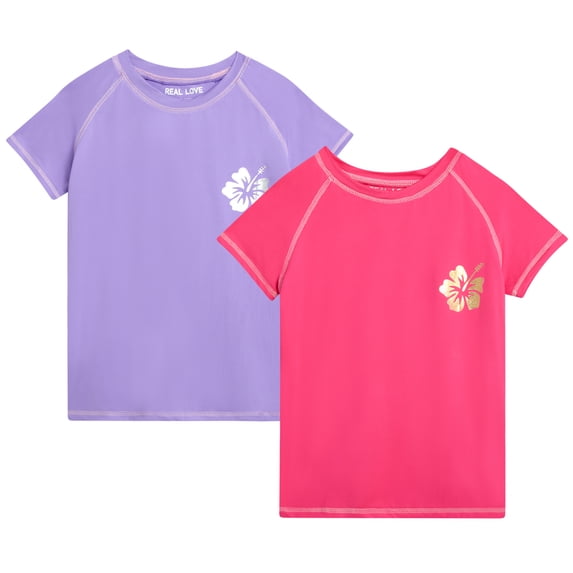 Real Love Girls' Rash Guard Shirt - 2 Pack Quick Dry Short Sleeve Swim Shirts (Sizes: 2T-16)