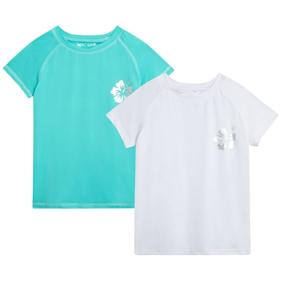 Real Love Girls' Rash Guard Shirt - 2 Pack Quick Dry Short Sleeve Swim Shirts (Sizes: 2T-16)
