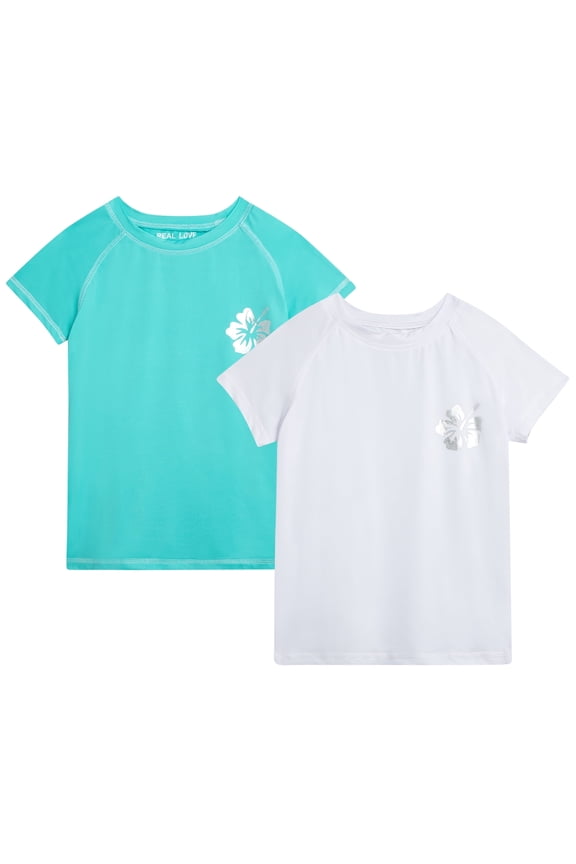 Girls' Rash Guard Shirt - 2 Pack Quick Dry Short Sleeve Swim Shirts (Sizes: 2T-16)