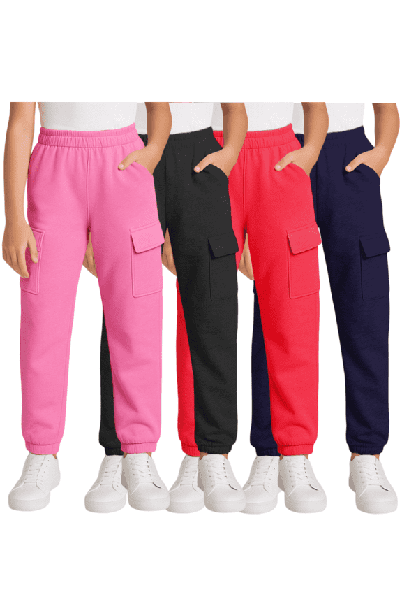 Girls Sweatpants Soft Lightweight Basic Fleece Cargo Jogpants, Joggers or Flares 4 Pack