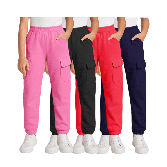Real Love Girls' Sweatpants - 4 Pack Active Basic Fleece Cargo Jogpants, Joggers or Flares (5-16)
