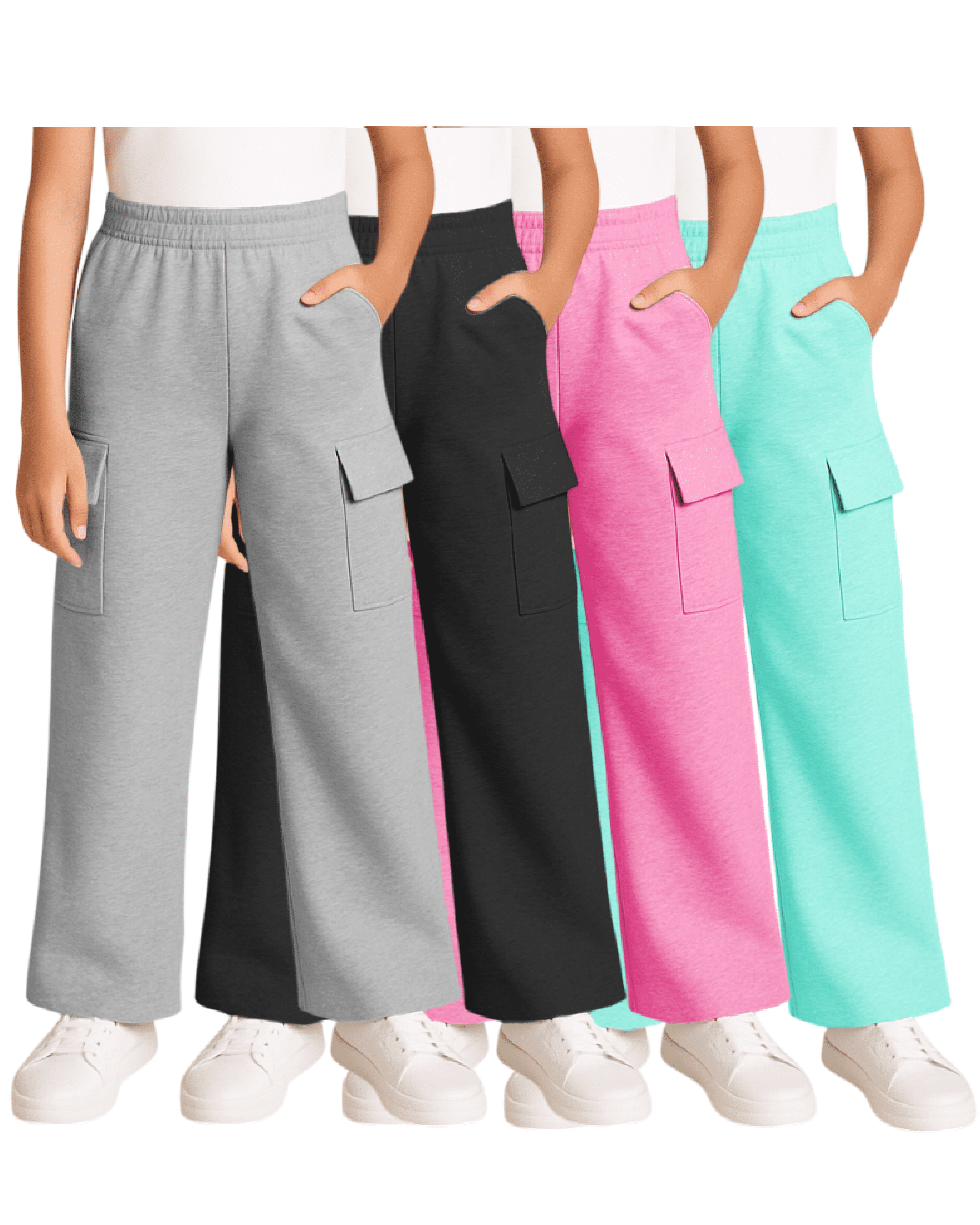 Real Love Girls Sweatpants Soft Lightweight Basic Fleece Cargo Jogpants, Joggers or Flares 4 Pack