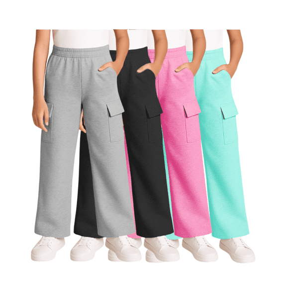 Real Love Girls Sweatpants Soft Lightweight Basic Fleece Cargo Jogpants, Joggers or Flares 4 Pack
