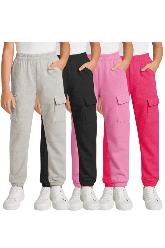 Girls’ Sweatpants – 4 Pack Active Basic Fleece Cargo Jogpants, Joggers or Flares (5-16)