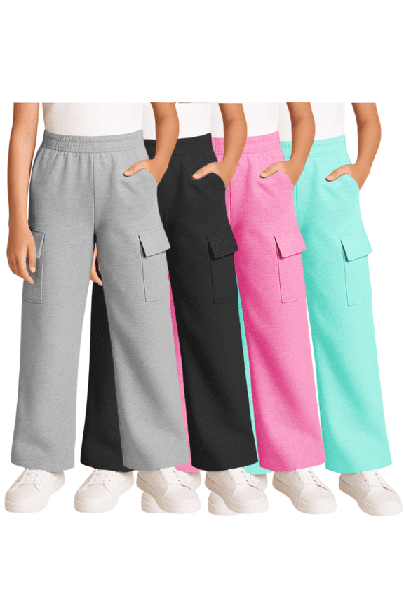Girls’ Sweatpants – 4 Pack Active Basic Fleece Cargo Jogpants, Joggers or Flares (5-16)