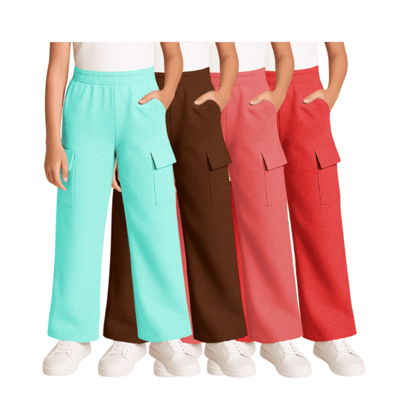 Real Love Girls Sweatpants Soft Lightweight Basic Fleece Cargo Jogpants, Joggers or Flares 4 Pack