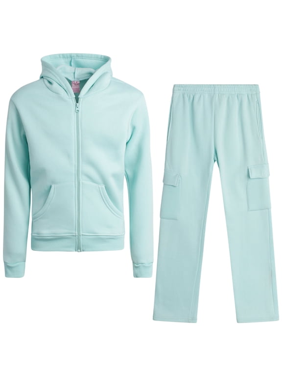 Girls Sweatpants Set Lightweight Fleece Hoodie and Flare Cargo Pants Activewear Set 2 Piece