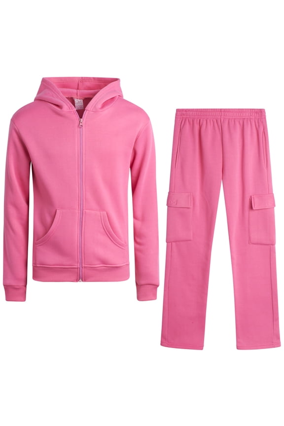 Girls Sweatpants Set - 2 Piece Fleece Hoodie and Flare Cargo Pants Activewear Set (7-16)