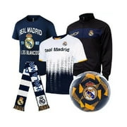 Real Madrid Ultimate Fan Pack , 5-Piece Soccer Set - Jacket, T-Shirts,Jersey, Scarf, And Ball - Large