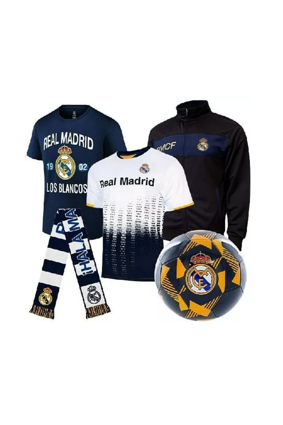Real Madrid Ultimate Fan Pack , 5-Piece Soccer Set - Jacket, T-Shirts,Jersey, Scarf, And Ball - Small