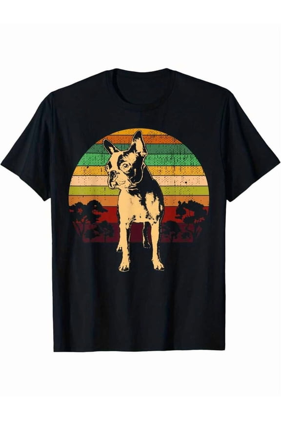 Real Man~Men's Boston Terrier Boston-Bulldog Graphic T-Shirt - Black Retro Vintage Design With Sunset Color Stripes, Regular Fit Short Sleeve Casual Tee For Adults, Machine Washable, Allseason Appare
