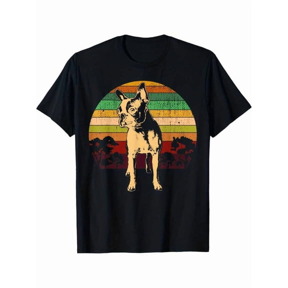 Real Man~Men's Boston Terrier Boston-Bulldog Graphic T-Shirt - Black Retro Vintage Design With Sunset Color Stripes, Regular Fit Short Sleeve Casual Tee For Adults, Machine Washable, Allseason Appare