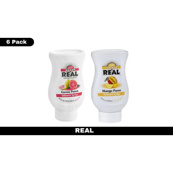 Real Mango & Guava Puree Infused Syrup 16.9 Fl Oz Pack of 6 Tropical Fruit Blend Sweetener