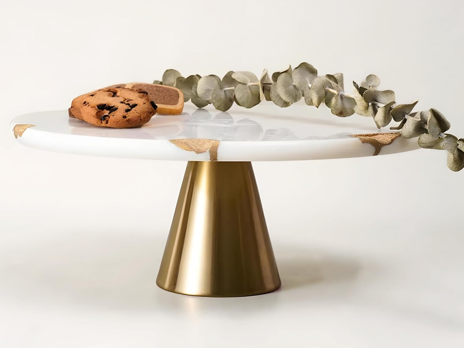 White Marble 12" Round Cake Stand with Gold Base