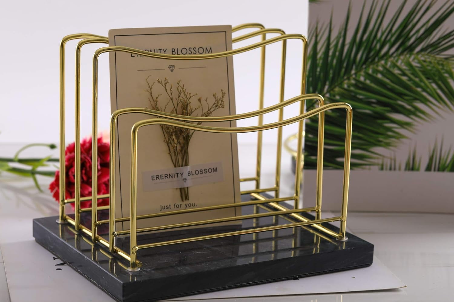 Real Marble File Holder - Marble Desk Accessories - Modern Marble Mail Organizer - Gold Mail Holder & Letter Tray (Black + Gold)