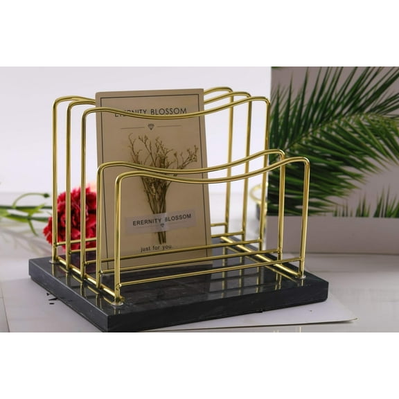 Real Marble File Holder - Marble Desk Accessories - Modern Marble Mail Organizer - Gold Mail Holder & Letter Tray (Black + Gold)