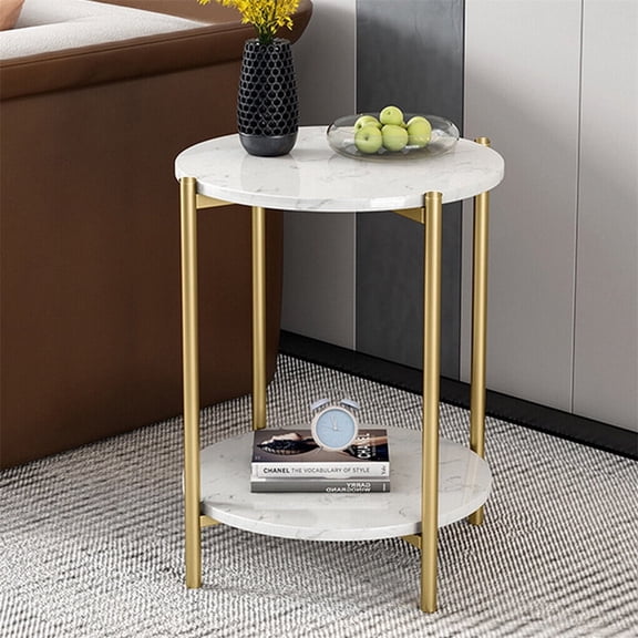 Real Marble Sofa Side Coffee Table Double Tiers Round Nesting Table Gold Frame