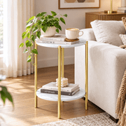 Real Sintered Stone Sofa Side Coffee Table Double Tiers Round Table Gold Frame