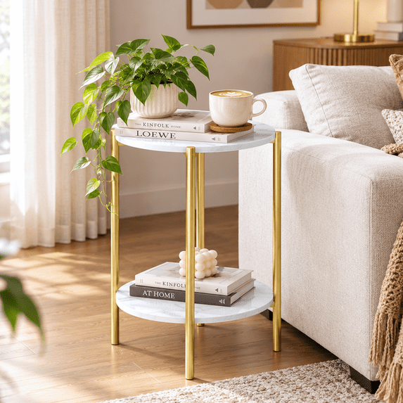 Real Sintered Stone Sofa Side Coffee Table Double Tiers Round Table Gold Frame