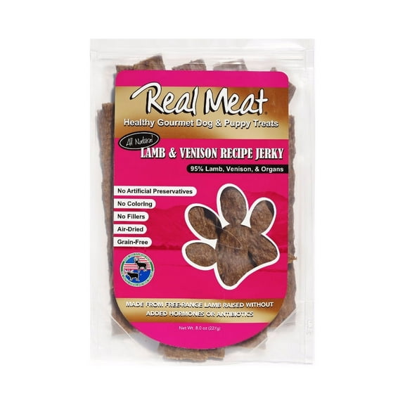 Real Meat AIr-Dried Jerky Treats, Free-Range, All-Natural (Lamb & Venison, 8oz)