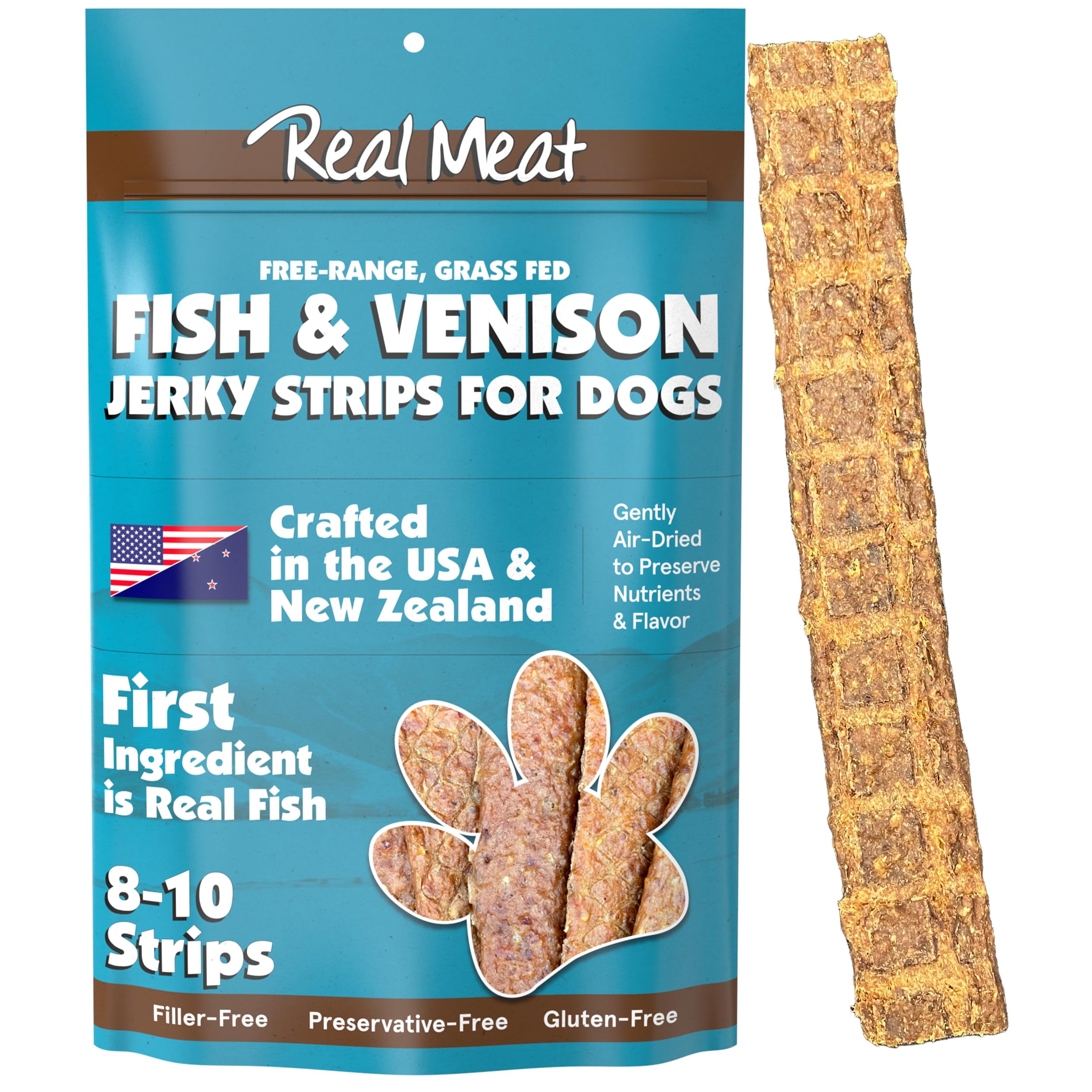 Real Meat Fish & AIF4 Venison Jerky Dog Treats 8 Strips of Jerky Treats for Dogs GrainFree