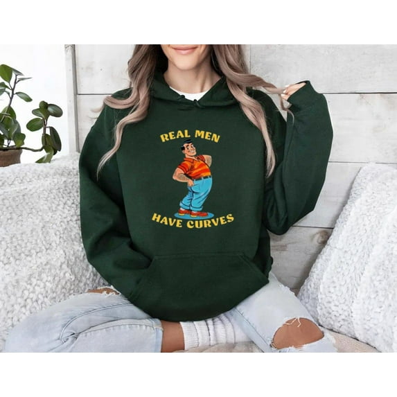 Real Men Have Curves Funny Body Positive Humor Cartoon Retro Confidence Quote Hoodie, for men & women, up to size 5XL