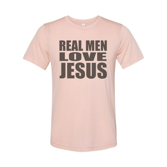 "Real Men Love Jesus, Christian Shirt, Religious Tee, Sublimation T, Gift For Him, I Love Jesus, Godly Apparel, Christian Apparel, Soft Bella, Peach, 2XL"