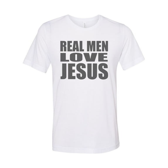 "Real Men Love Jesus, Christian Shirt, Religious Tee, Sublimation T, Gift For Him, I Love Jesus, Godly Apparel, Christian Apparel, Soft Bella, White, 2XL"