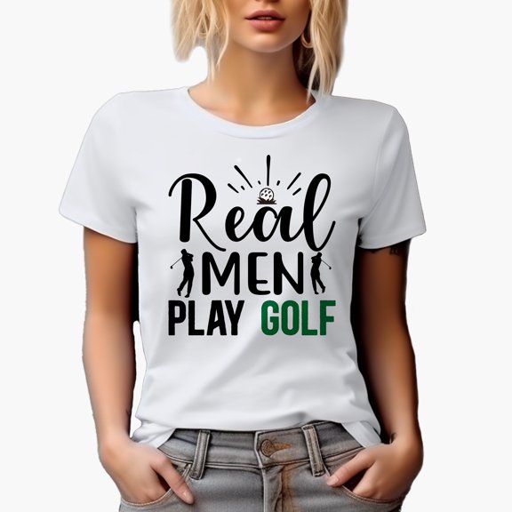 Real Men Play Golf Quote with Ball on Grass & Golf Player, Golfing or Golfer Themed Merch Gift, White T-Shirt, XL