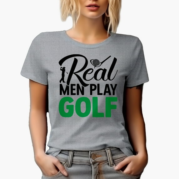 Real Men Play Golf Quote with a Club Hitting a Ball & Swinging Golf Player, Golfing or Golfer Themed Merch Gift, Heather Grey T-Shirt, 3XL