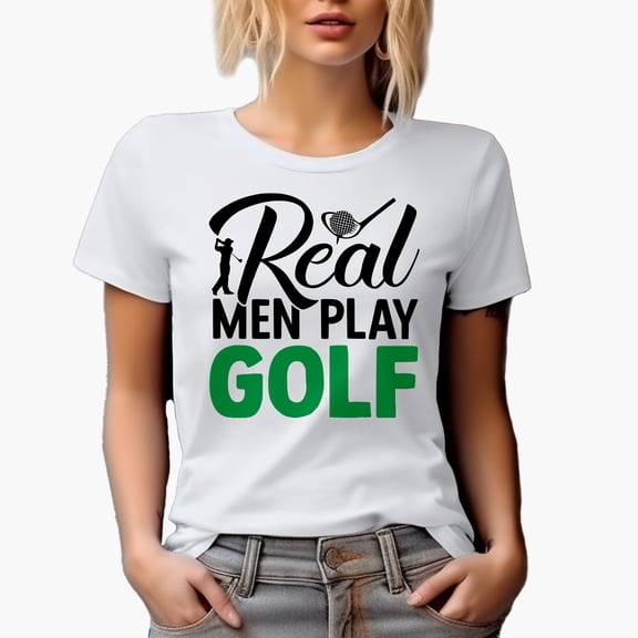 Real Men Play Golf Quote with a Club Hitting a Ball & Swinging Golf Player, Golfing or Golfer Themed Merch Gift, White T-Shirt, L