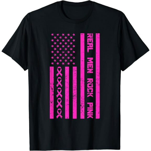 Real Men Rock Pink Ribbon Breast Cancer Awareness America T-Shirt