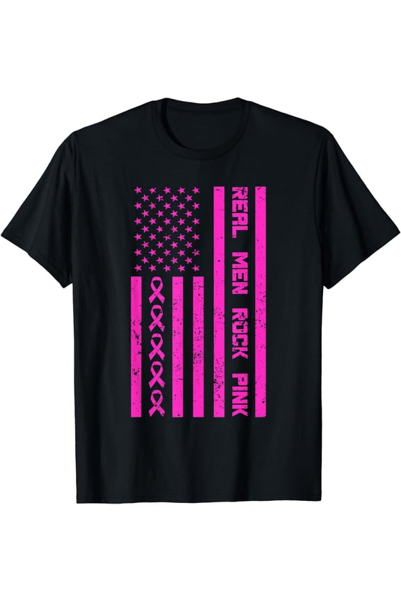 Real Men Rock Pink Ribbon Breast Cancer Awareness America T-Shirt