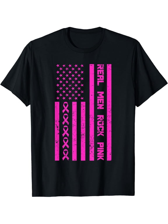 Real Men Rock Pink Ribbon Breast Cancer Awareness America T-Shirt