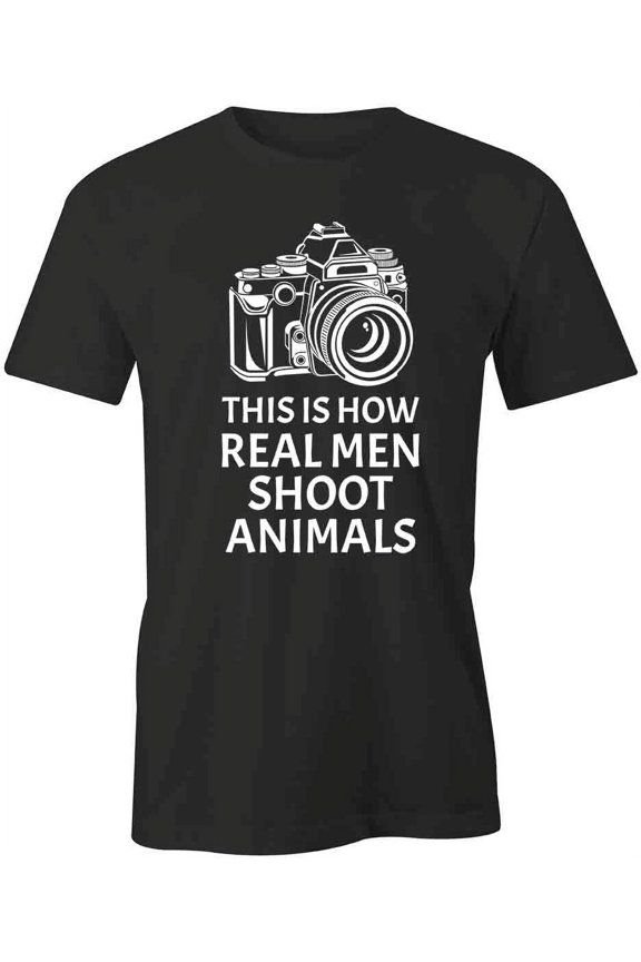 Real Men Shoot Animals T-Shirt | Cute Vegetarian Black Tee Gift