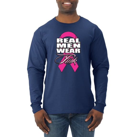 Real Men Wear Pink Awareness Mens Long Sleeve Shirt, Navy, Large