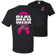 WILD CUSTOM APPAREL Real Men Wear Pink Breast Cancer Awareness Front & Back Mens T-shirts , Black, Small