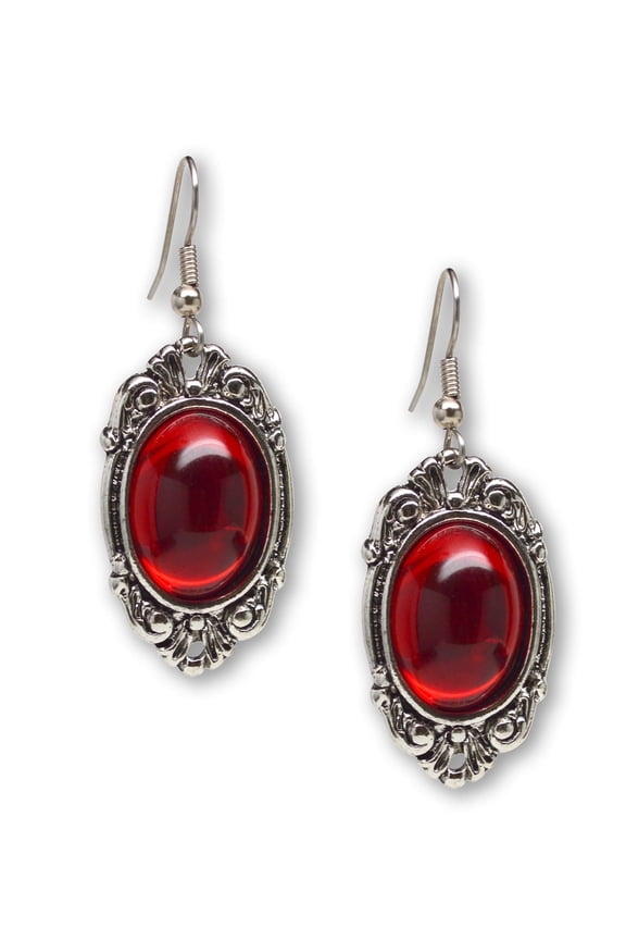 Gothic Red Cabochon Dangle Earrings in Pewter