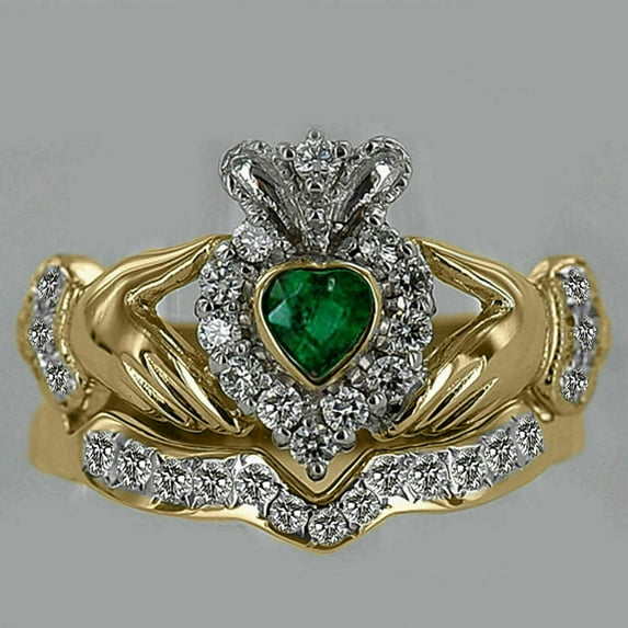 Real Moissanite 2Ct Round Claddagh Engagement Ring 14K Yellow Gold Plated
