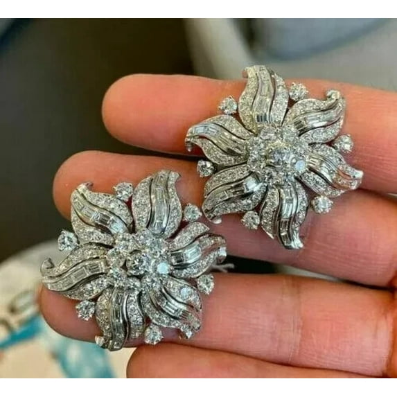 Real Moissanite 3Ct Round Cut Flower Stud Earrings 14K White Gold Plated Silver